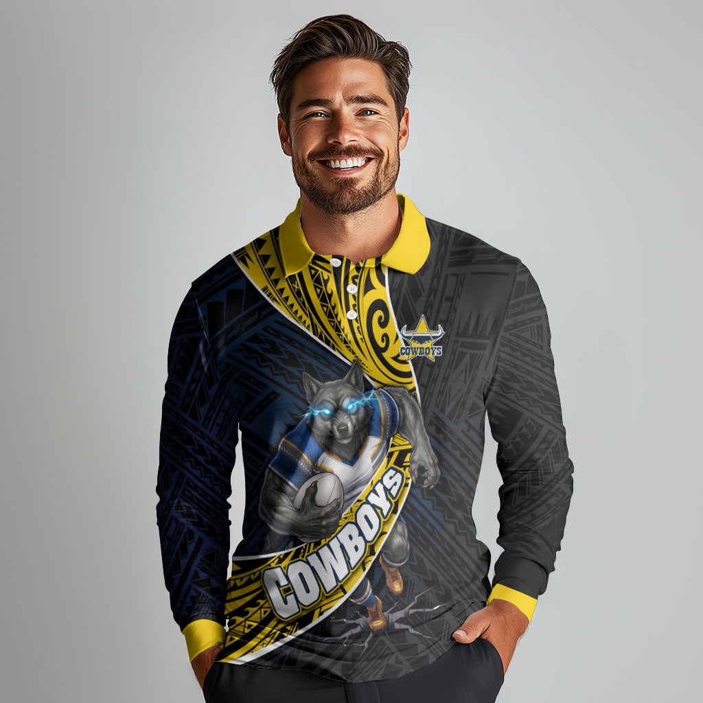 North Queensland Cowboys Rugby Long Sleeve Polo Shirt Tribal Polynesian Power Art - Lightning Mascot