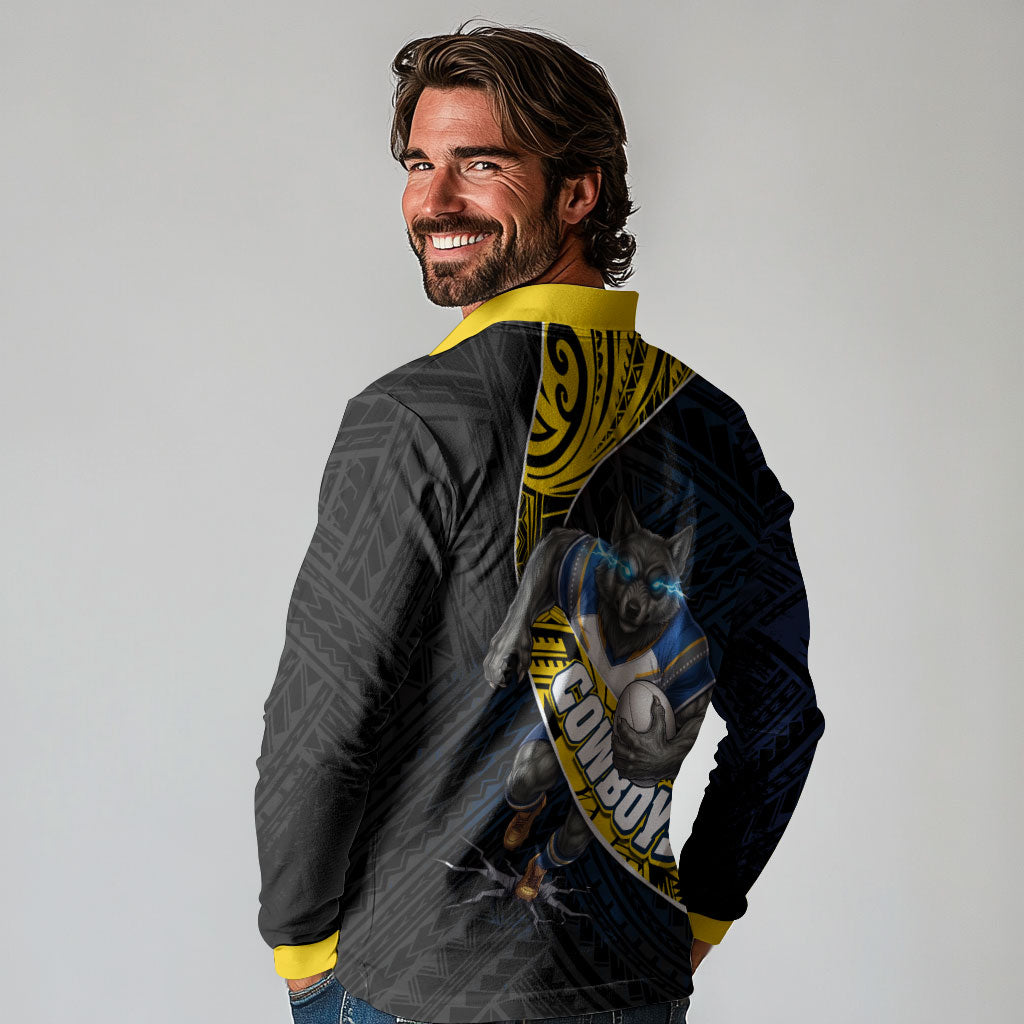 North Queensland Cowboys Rugby Long Sleeve Polo Shirt Tribal Polynesian Power Art - Lightning Mascot