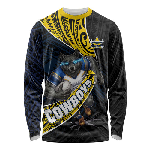 North Queensland Cowboys Rugby Long Sleeve Shirt Tribal Polynesian Power Art - Lightning Mascot