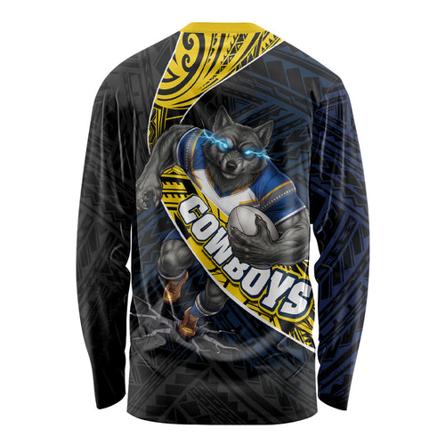North Queensland Cowboys Rugby Long Sleeve Shirt Tribal Polynesian Power Art - Lightning Mascot