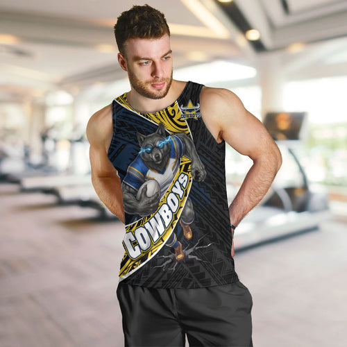 North Queensland Cowboys Rugby Men Tank Top Tribal Polynesian Power Art - Lightning Mascot