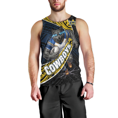 North Queensland Cowboys Rugby Men Tank Top Tribal Polynesian Power Art - Lightning Mascot