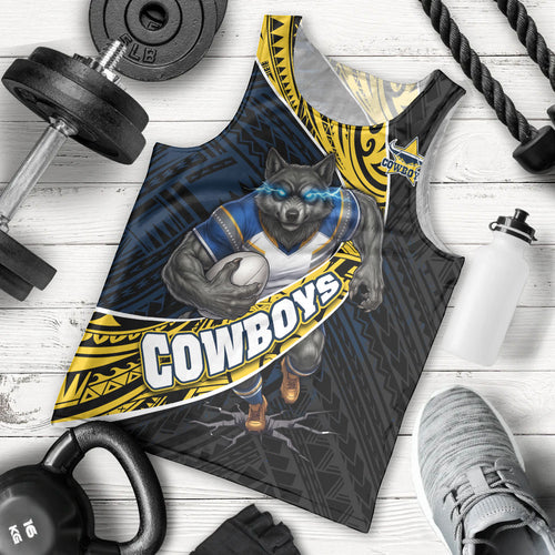 North Queensland Cowboys Rugby Men Tank Top Tribal Polynesian Power Art - Lightning Mascot