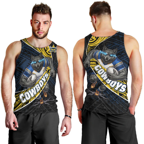 North Queensland Cowboys Rugby Men Tank Top Tribal Polynesian Power Art - Lightning Mascot