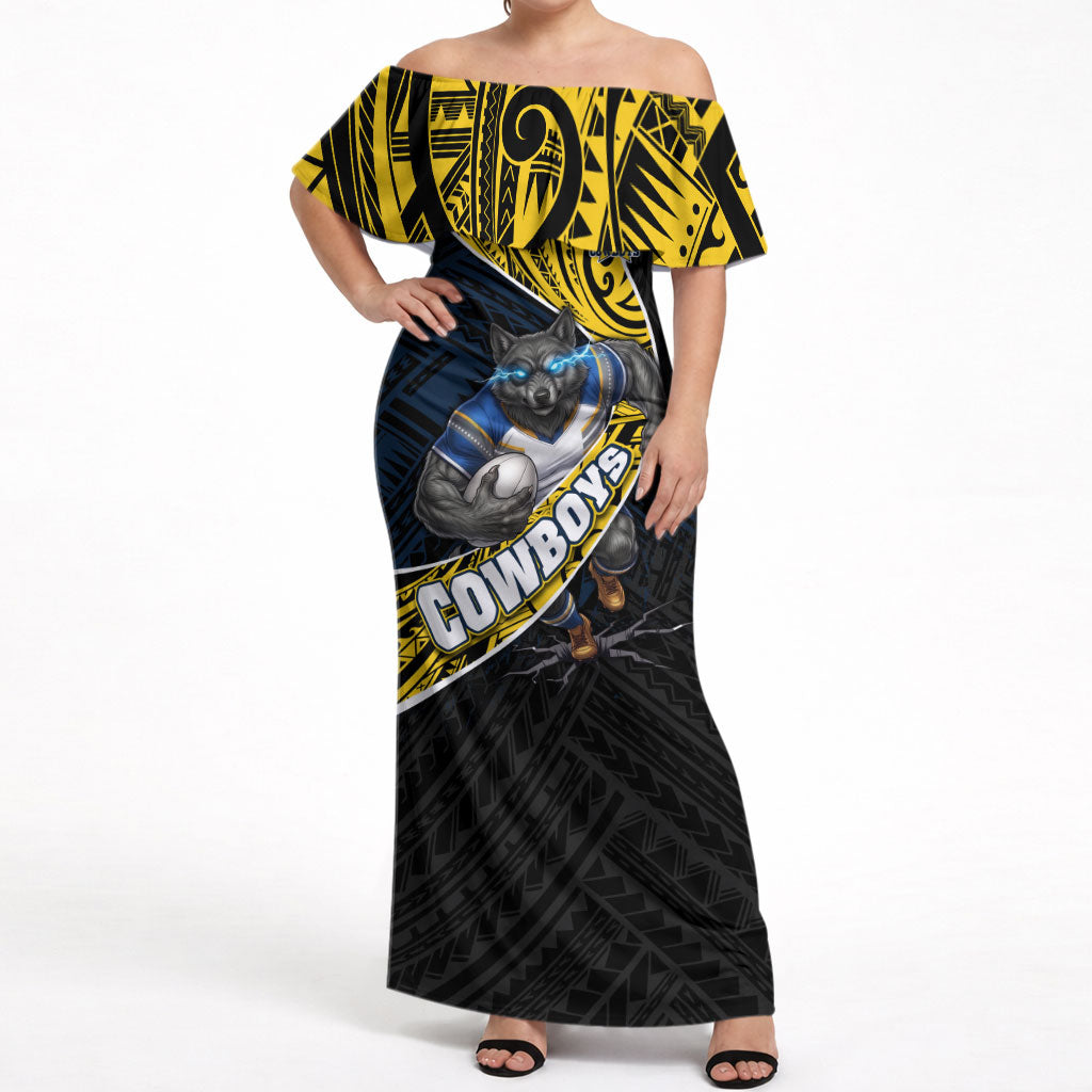 North Queensland Cowboys Rugby Off Shoulder Maxi Dress Tribal Polynesian Power Art - Lightning Mascot