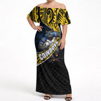 North Queensland Cowboys Rugby Off Shoulder Maxi Dress Tribal Polynesian Power Art - Lightning Mascot