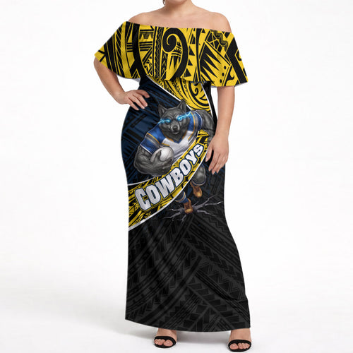 North Queensland Cowboys Rugby Off Shoulder Maxi Dress Tribal Polynesian Power Art - Lightning Mascot