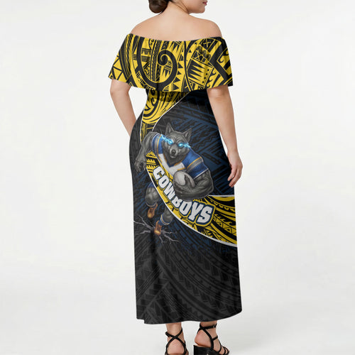 North Queensland Cowboys Rugby Off Shoulder Maxi Dress Tribal Polynesian Power Art - Lightning Mascot