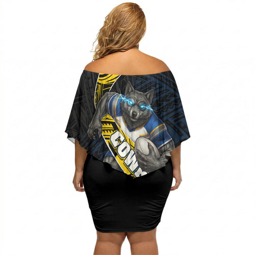 North Queensland Cowboys Rugby Off Shoulder Short Dress Tribal Polynesian Power Art - Lightning Mascot