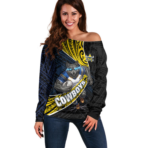 North Queensland Cowboys Rugby Off Shoulder Sweater Tribal Polynesian Power Art - Lightning Mascot