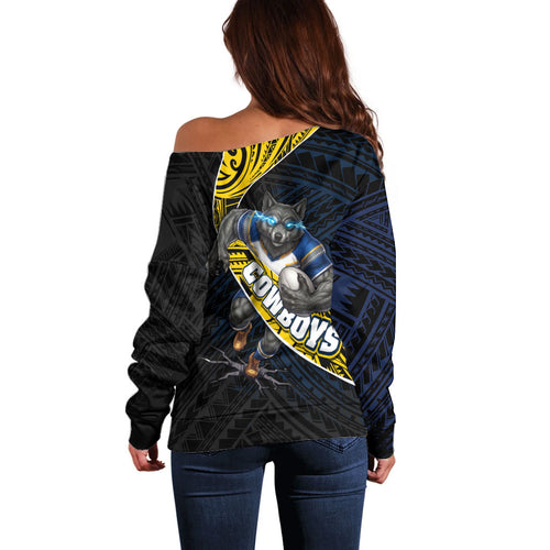 North Queensland Cowboys Rugby Off Shoulder Sweater Tribal Polynesian Power Art - Lightning Mascot