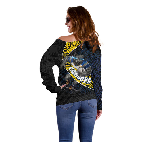 North Queensland Cowboys Rugby Off Shoulder Sweater Tribal Polynesian Power Art - Lightning Mascot