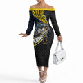 North Queensland Cowboys Rugby Off The Shoulder Long Sleeve Dress Tribal Polynesian Power Art - Lightning Mascot