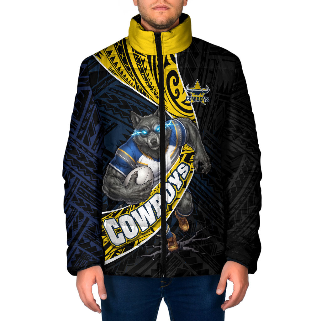 North Queensland Cowboys Rugby Padded Jacket Tribal Polynesian Power Art - Lightning Mascot