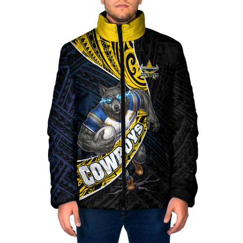 North Queensland Cowboys Rugby Padded Jacket Tribal Polynesian Power Art - Lightning Mascot