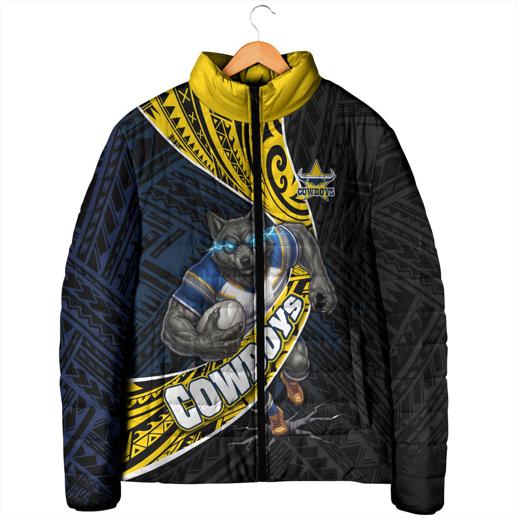 North Queensland Cowboys Rugby Padded Jacket Tribal Polynesian Power Art - Lightning Mascot