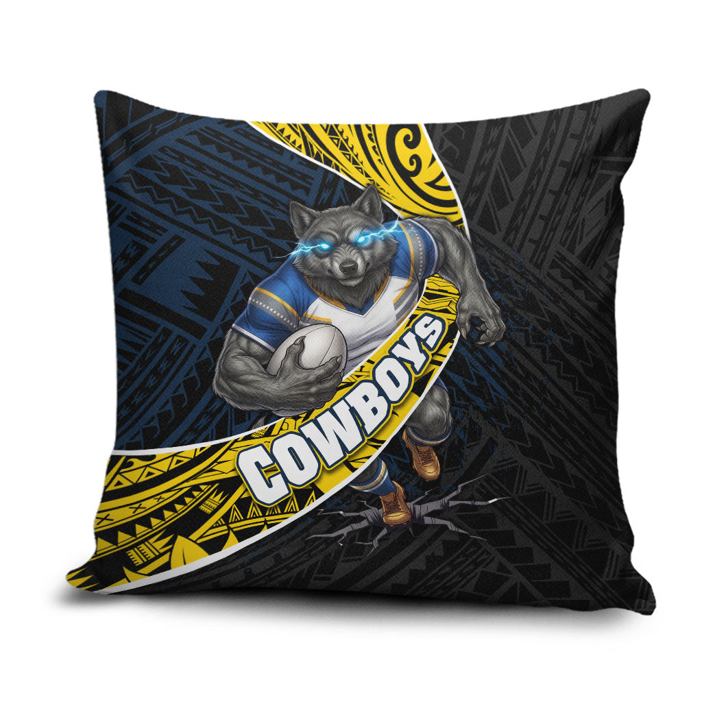 North Queensland Cowboys Rugby Pillow Cover Tribal Polynesian Power Art - Lightning Mascot