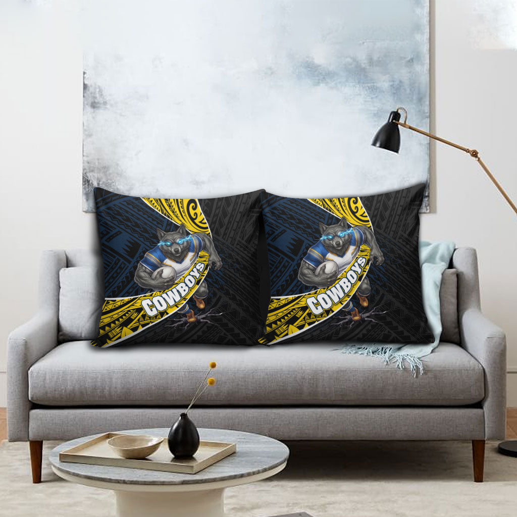 North Queensland Cowboys Rugby Pillow Cover Tribal Polynesian Power Art - Lightning Mascot