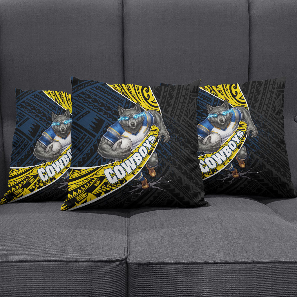 North Queensland Cowboys Rugby Pillow Cover Tribal Polynesian Power Art - Lightning Mascot