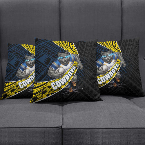 North Queensland Cowboys Rugby Pillow Cover Tribal Polynesian Power Art - Lightning Mascot