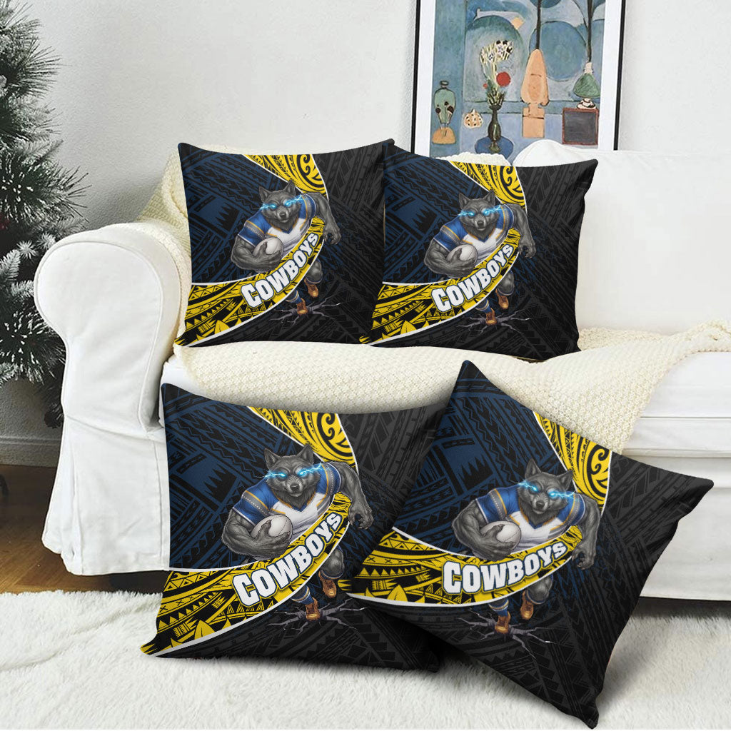 North Queensland Cowboys Rugby Pillow Cover Tribal Polynesian Power Art - Lightning Mascot