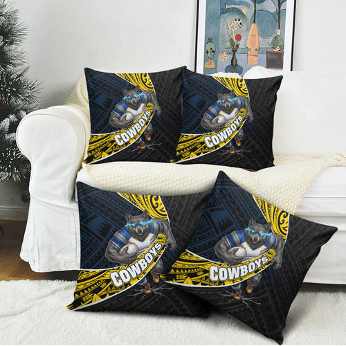 North Queensland Cowboys Rugby Pillow Cover Tribal Polynesian Power Art - Lightning Mascot