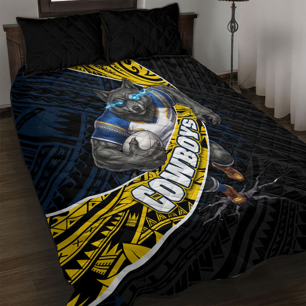 North Queensland Cowboys Rugby Quilt Bed Set Tribal Polynesian Power Art - Lightning Mascot