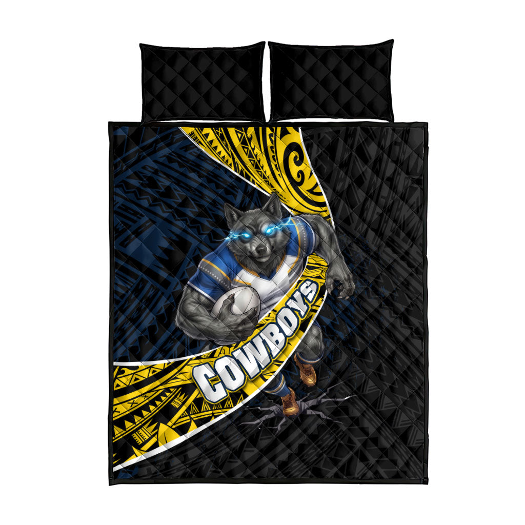North Queensland Cowboys Rugby Quilt Bed Set Tribal Polynesian Power Art - Lightning Mascot
