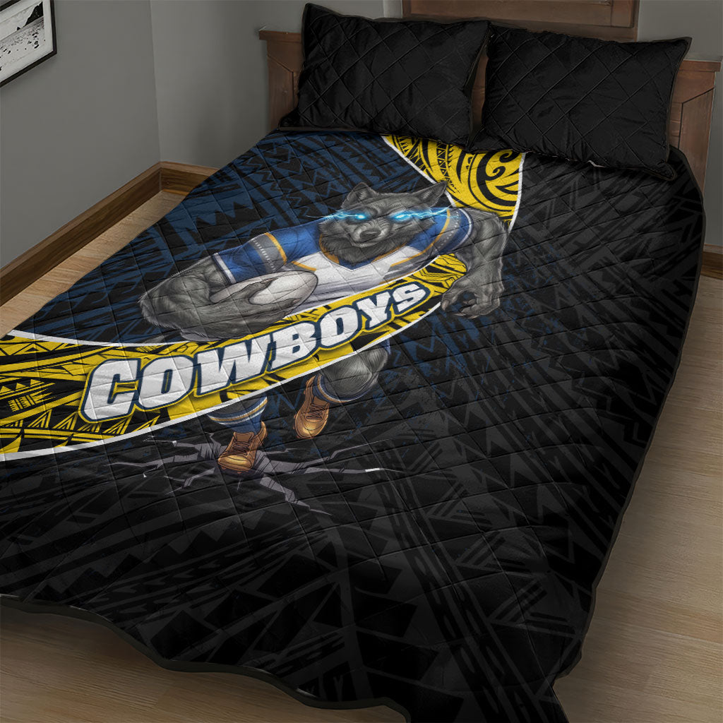 North Queensland Cowboys Rugby Quilt Bed Set Tribal Polynesian Power Art - Lightning Mascot
