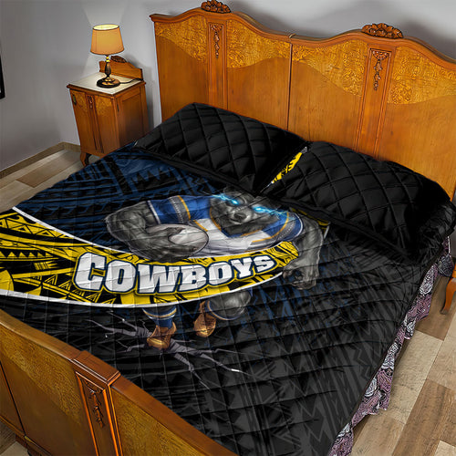 North Queensland Cowboys Rugby Quilt Bed Set Tribal Polynesian Power Art - Lightning Mascot