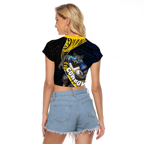 North Queensland Cowboys Rugby Raglan Cropped T Shirt Tribal Polynesian Power Art - Lightning Mascot