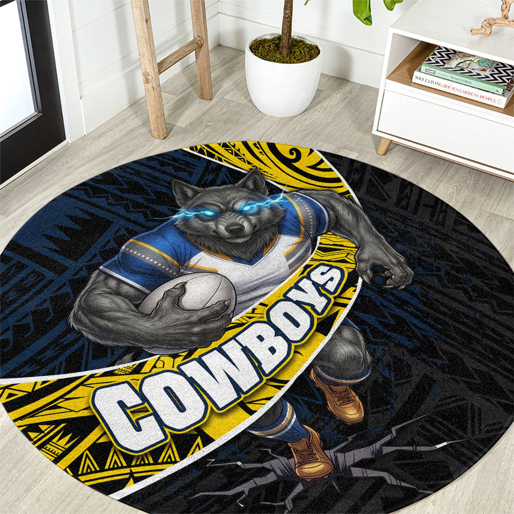 North Queensland Cowboys Rugby Round Carpet Tribal Polynesian Power Art - Lightning Mascot