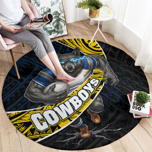 North Queensland Cowboys Rugby Round Carpet Tribal Polynesian Power Art - Lightning Mascot