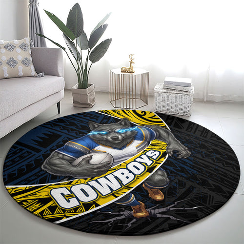 North Queensland Cowboys Rugby Round Carpet Tribal Polynesian Power Art - Lightning Mascot