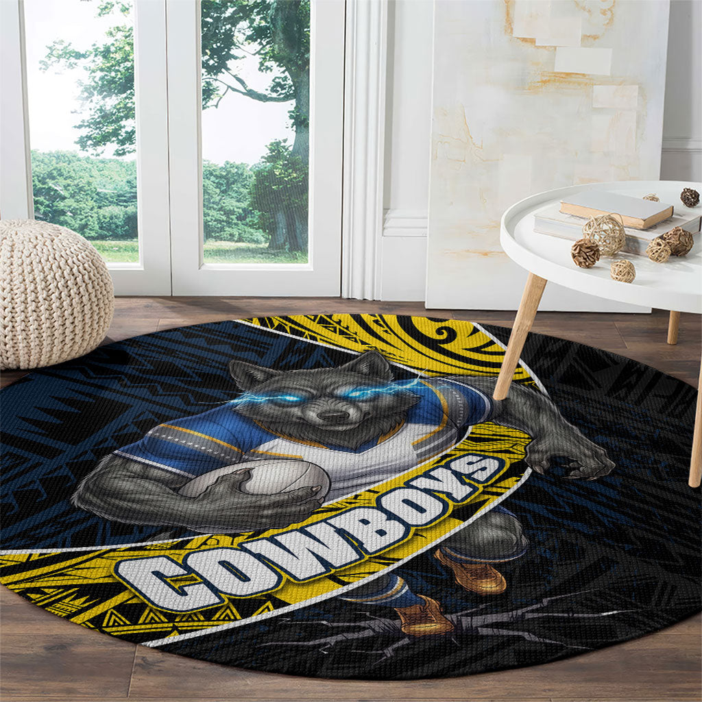 North Queensland Cowboys Rugby Round Carpet Tribal Polynesian Power Art - Lightning Mascot