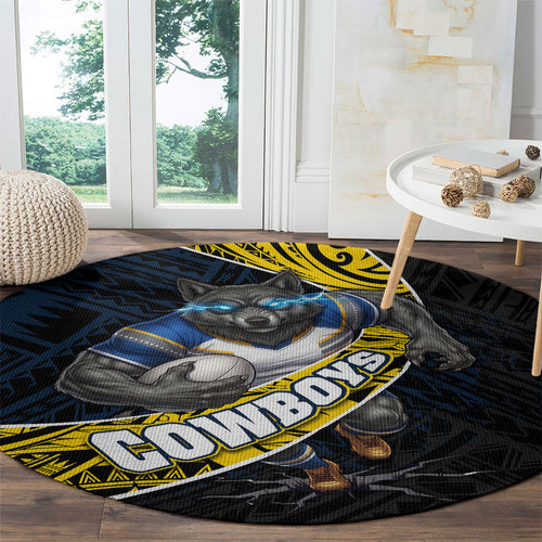 North Queensland Cowboys Rugby Round Carpet Tribal Polynesian Power Art - Lightning Mascot