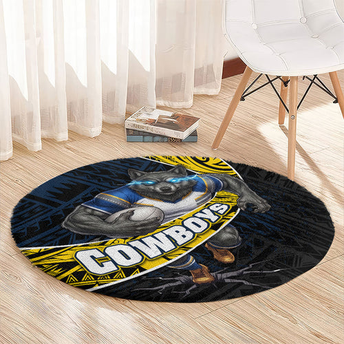 North Queensland Cowboys Rugby Round Carpet Tribal Polynesian Power Art - Lightning Mascot