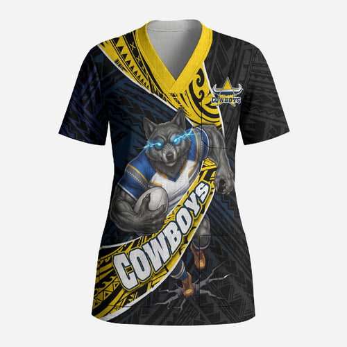 North Queensland Cowboys Rugby Scrub Top Tribal Polynesian Power Art - Lightning Mascot