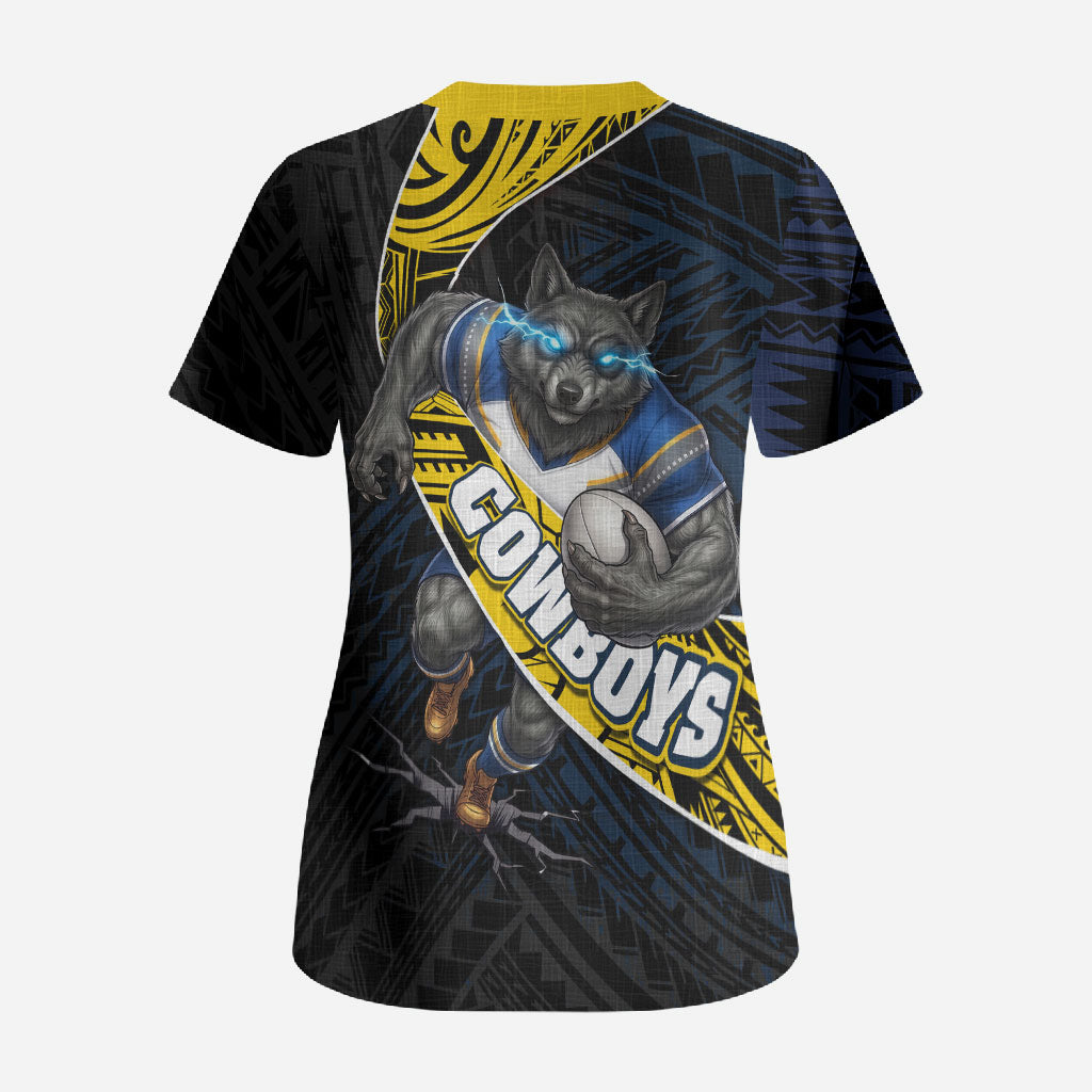 North Queensland Cowboys Rugby Scrub Top Tribal Polynesian Power Art - Lightning Mascot