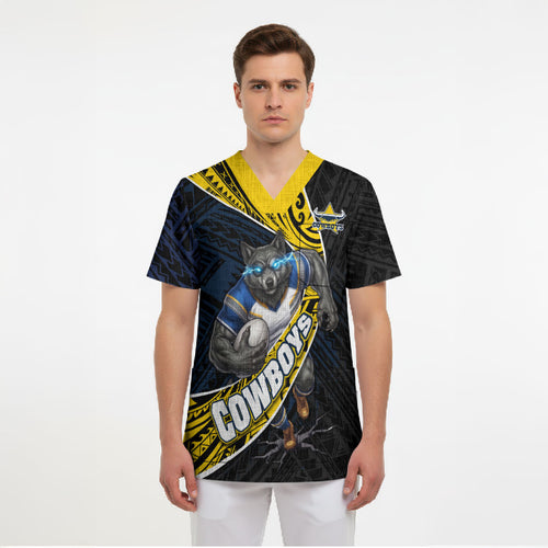 North Queensland Cowboys Rugby Scrub Top Tribal Polynesian Power Art - Lightning Mascot