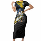 North Queensland Cowboys Rugby Short Sleeve Bodycon Dress Tribal Polynesian Power Art - Lightning Mascot