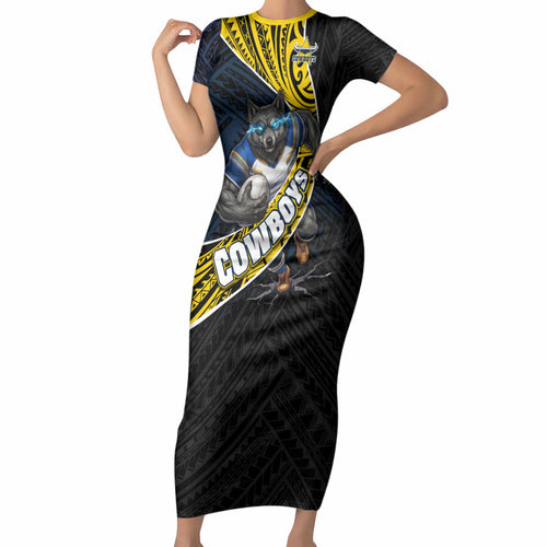 North Queensland Cowboys Rugby Short Sleeve Bodycon Dress Tribal Polynesian Power Art - Lightning Mascot
