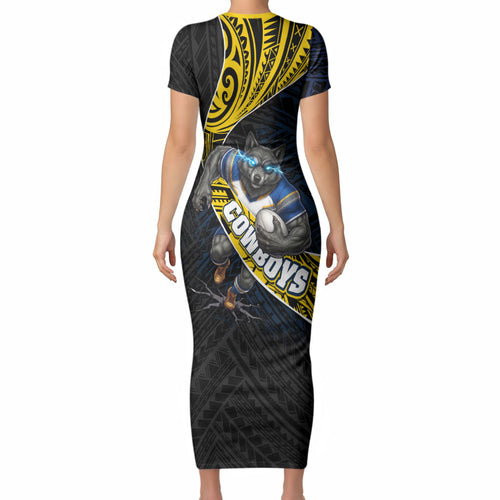 North Queensland Cowboys Rugby Short Sleeve Bodycon Dress Tribal Polynesian Power Art - Lightning Mascot