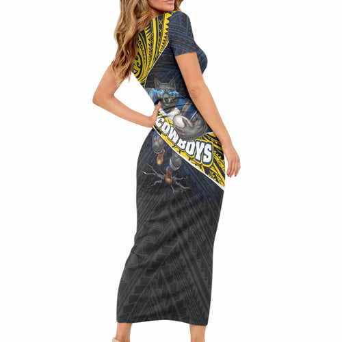 North Queensland Cowboys Rugby Short Sleeve Bodycon Dress Tribal Polynesian Power Art - Lightning Mascot