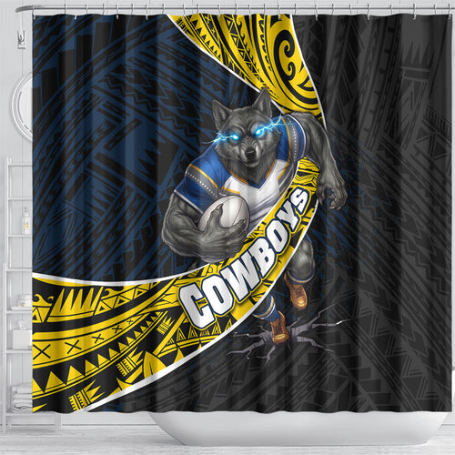 North Queensland Cowboys Rugby Shower Curtain Tribal Polynesian Power Art - Lightning Mascot