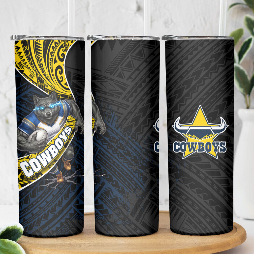 North Queensland Cowboys Rugby Skinny Tumbler Tribal Polynesian Power Art - Lightning Mascot