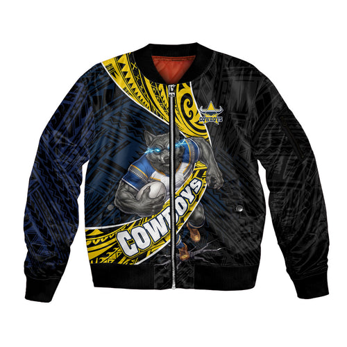 North Queensland Cowboys Rugby Sleeve Zip Bomber Jacket Tribal Polynesian Power Art - Lightning Mascot