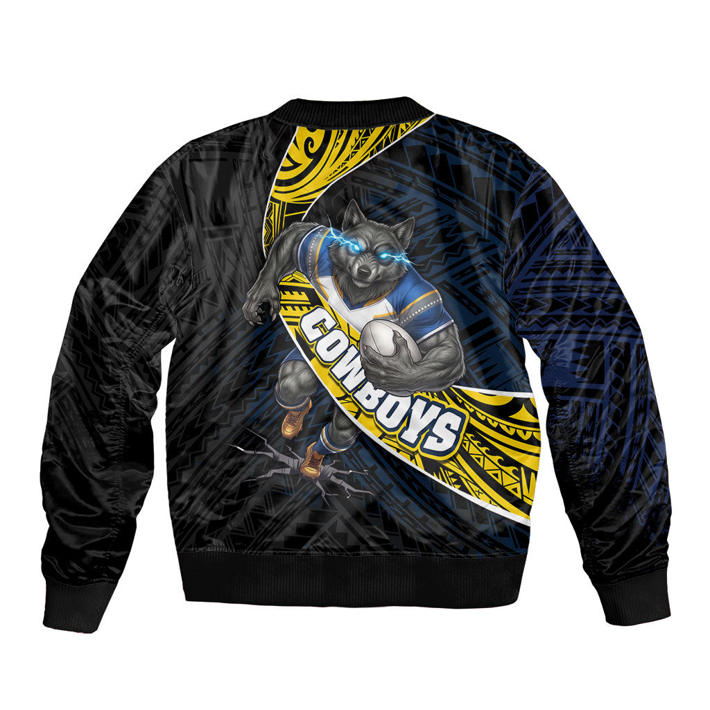 North Queensland Cowboys Rugby Sleeve Zip Bomber Jacket Tribal Polynesian Power Art - Lightning Mascot