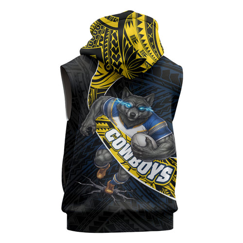 North Queensland Cowboys Rugby Sleeveless Hoodie Tribal Polynesian Power Art - Lightning Mascot