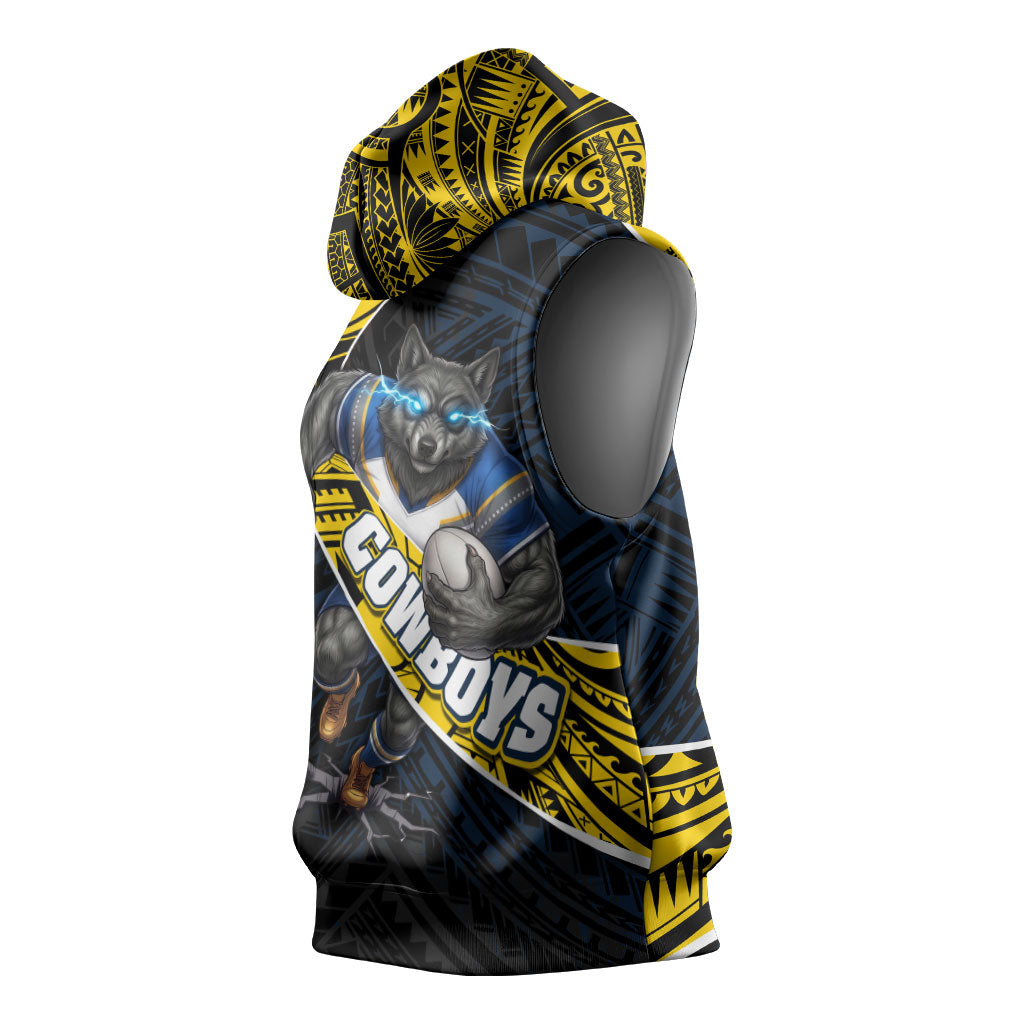 North Queensland Cowboys Rugby Sleeveless Hoodie Tribal Polynesian Power Art - Lightning Mascot